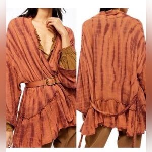 Free People One Sasha Cotton Kimono Wrap Women's Rust Tie-Dye Top M/L